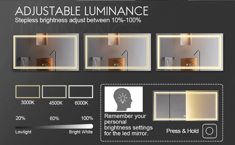 Mart LED Mirror Rectangle Brushed Touch Lamp Mirror Metal Frame Circle Mounted Bathroom Decor Hanging Wall Mirrors