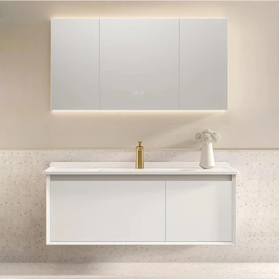 Esclusivo mobile lavabo a parete in rovere bianco con bordo a 45 gradi da 60 cm