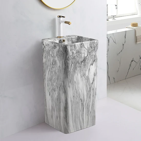 Lavandino su piedistallo in ceramica di marmo di lusso di forma quadrata Supporto moderno Lavabo su piedistallo per bagno singolo in un unico pezzo