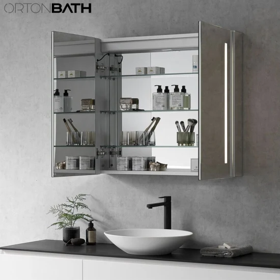 Ortonbath LED Armadietto da bagno con specchio Armadietto da bagno nero con specchio Armadietto dei medicinali Armadietto dei medicinali da bagno Specchio da parete regolabile con dimmer