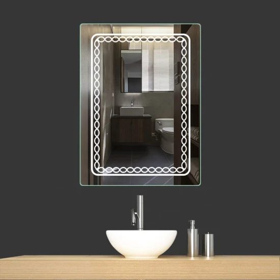Specchio da bagno Jinghu di grandi dimensioni personalizzato a parete, specchio da bagno intelligente touch screen rettangolare illuminato con LED